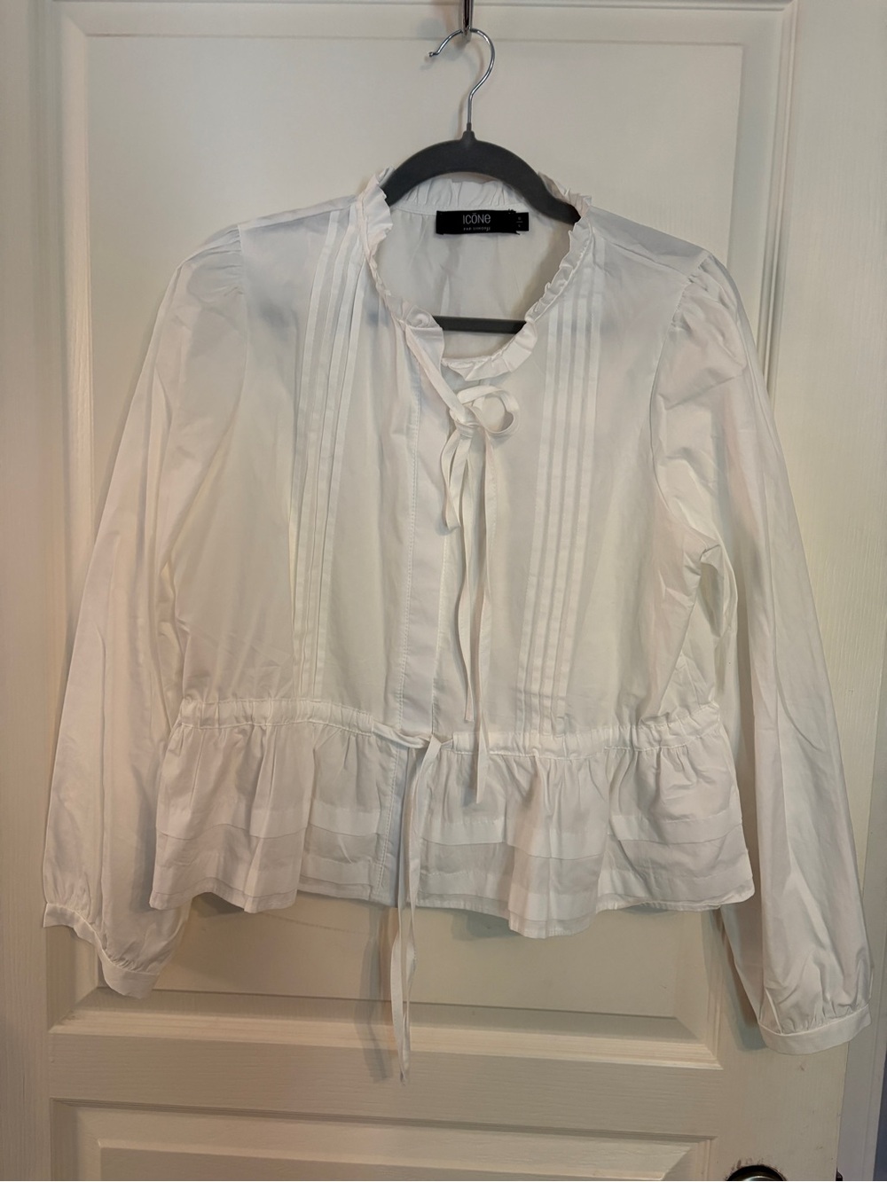 Simons White Tie-Neck Peplum Pintuck Blouse